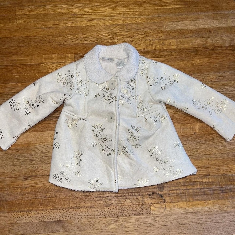 Koala Girls 12 Months Ivory Gold Foil Floral Fleece Button Peacoat Collar Jacket